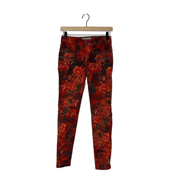 Free People Lennon Floral Funkytown Orange Red Velvet Pants Women’s Size 0 - Picture 4 of 12